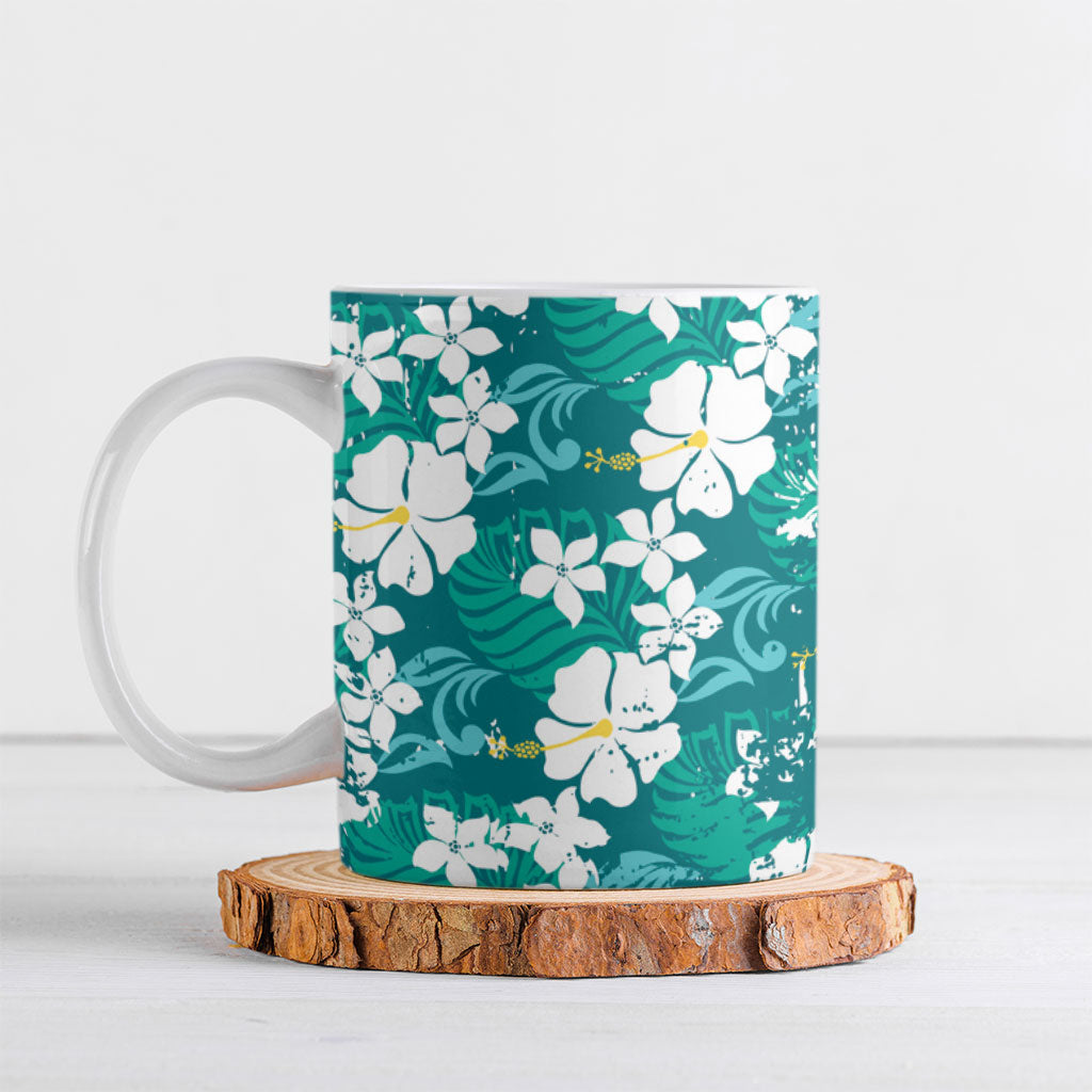 Teal Hawaiian Hibiscus Monstera Ceramic Mug Grunge Stylized