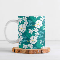 Teal Hawaiian Hibiscus Monstera Ceramic Mug Grunge Stylized