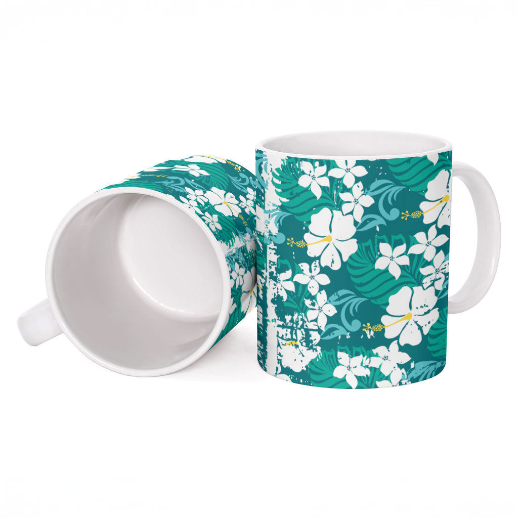 Teal Hawaiian Hibiscus Monstera Ceramic Mug Grunge Stylized