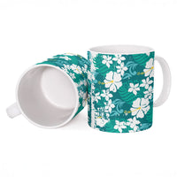 Teal Hawaiian Hibiscus Monstera Ceramic Mug Grunge Stylized
