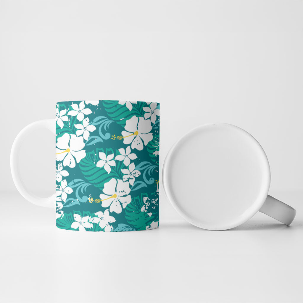 Teal Hawaiian Hibiscus Monstera Ceramic Mug Grunge Stylized