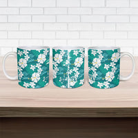 Teal Hawaiian Hibiscus Monstera Ceramic Mug Grunge Stylized