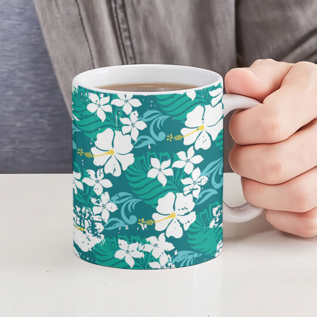 Teal Hawaiian Hibiscus Monstera Ceramic Mug Grunge Stylized