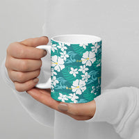 Teal Hawaiian Hibiscus Monstera Ceramic Mug Grunge Stylized