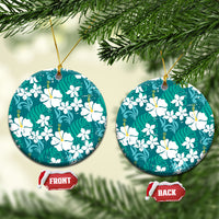 Teal Hawaiian Hibiscus Monstera Ceramic Ornament Grunge Stylized LT01 Circle Teal - Polynesian Pride