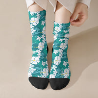 Teal Hawaiian Hibiscus Monstera Crew Socks Grunge Stylized LT01 Crew Socks Teal - Polynesian Pride