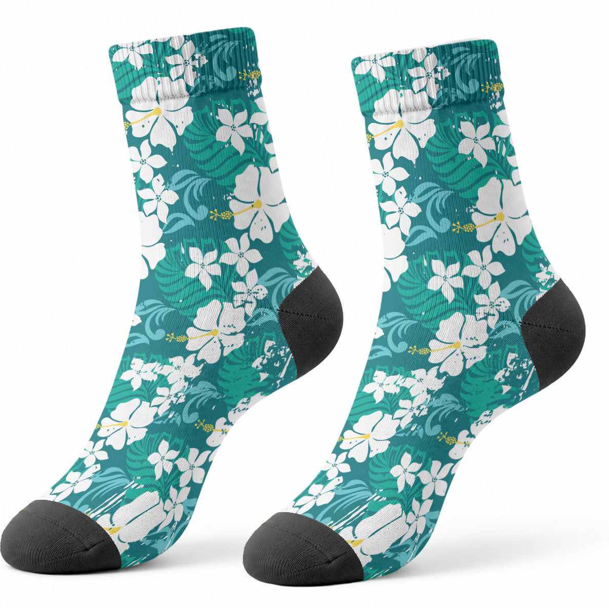 Teal Hawaiian Hibiscus Monstera Crew Socks Grunge Stylized LT01 - Polynesian Pride