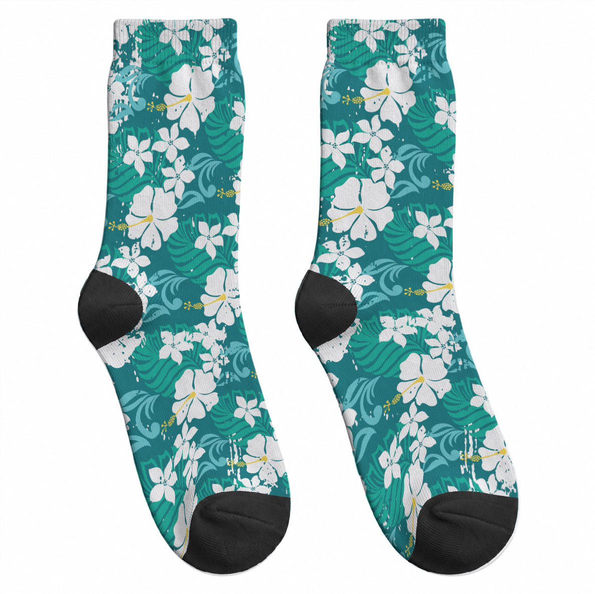 Teal Hawaiian Hibiscus Monstera Crew Socks Grunge Stylized LT01 - Polynesian Pride