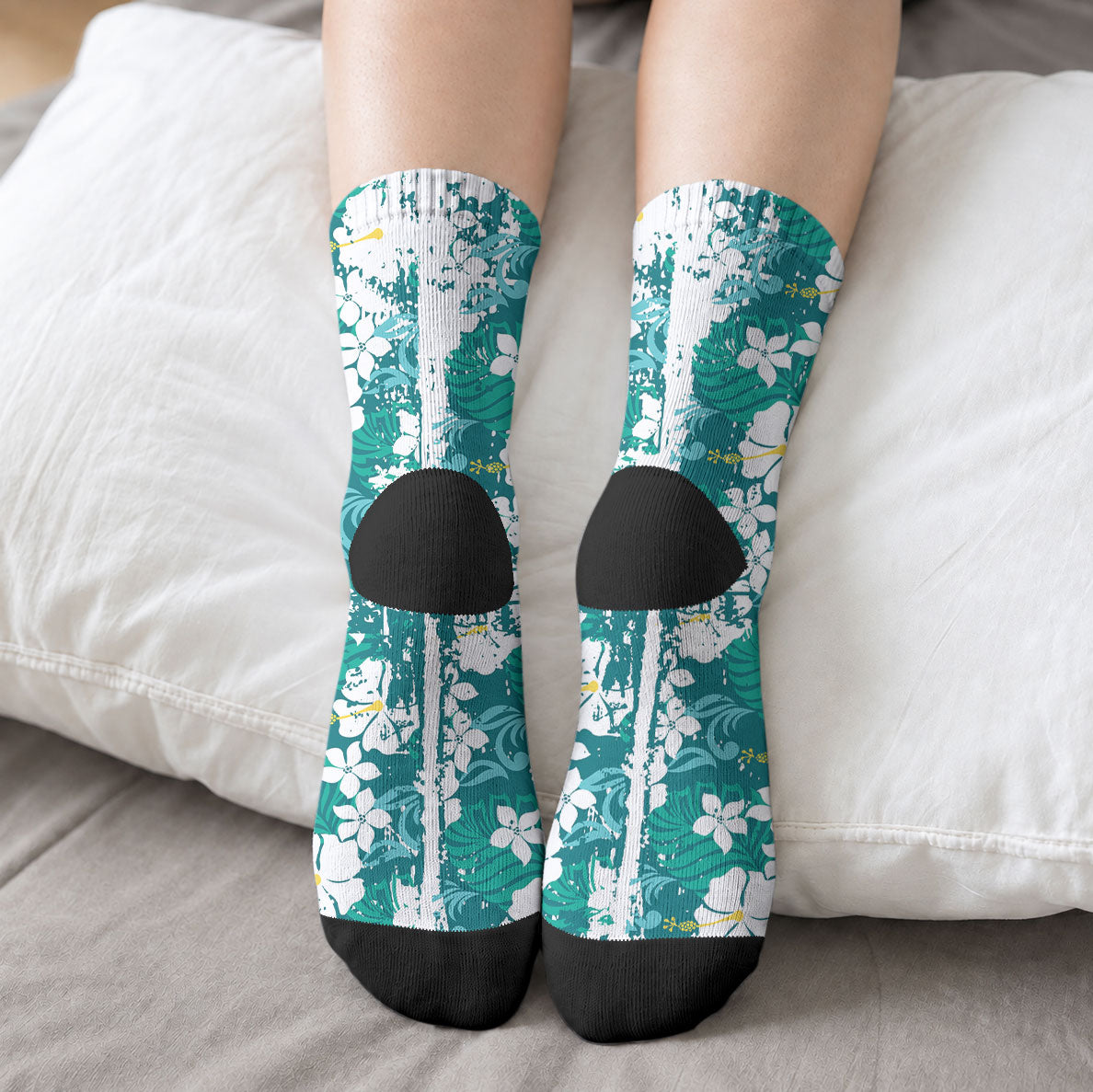 Teal Hawaiian Hibiscus Monstera Crew Socks Grunge Stylized LT01 - Polynesian Pride
