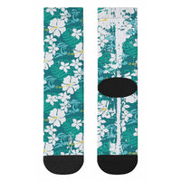 Teal Hawaiian Hibiscus Monstera Crew Socks Grunge Stylized LT01 - Polynesian Pride
