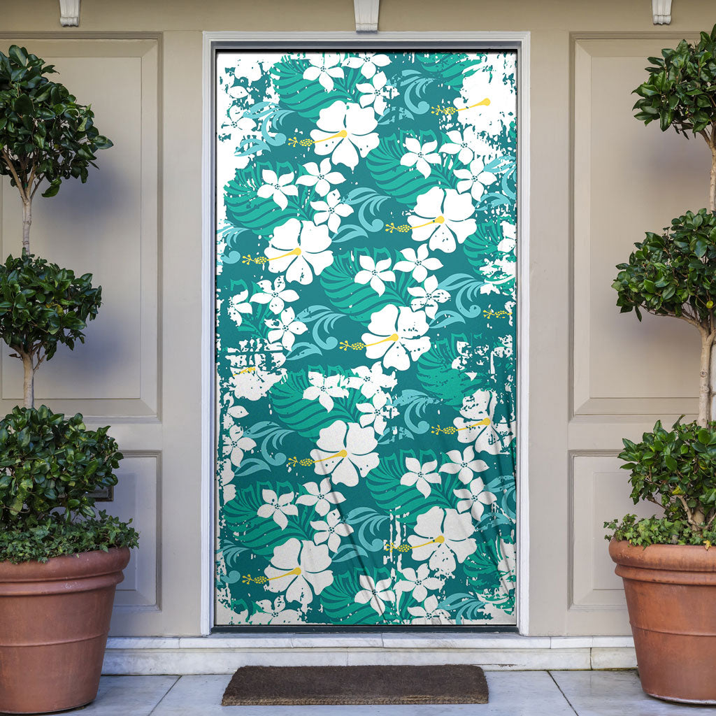 Teal Hawaiian Hibiscus Monstera Door Cover Grunge Stylized LT01 Teal - Polynesian Pride