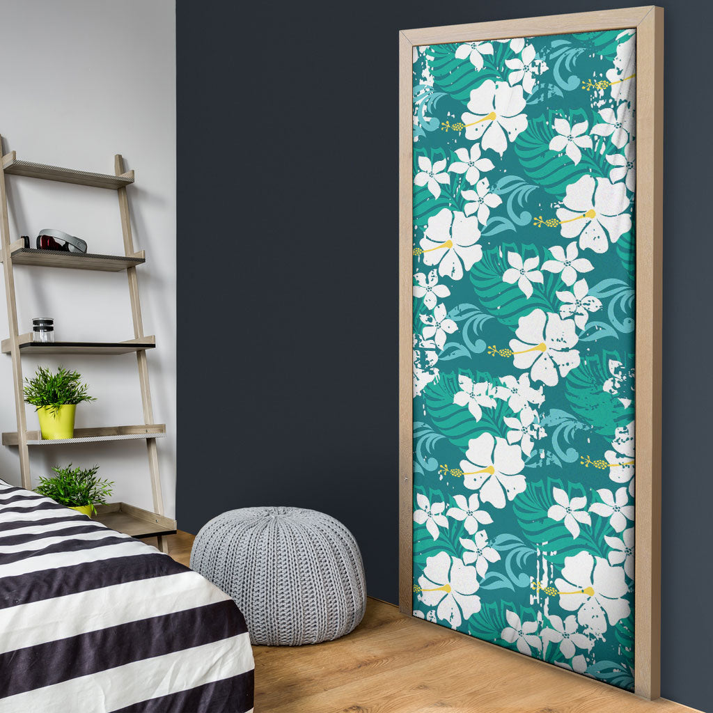 Teal Hawaiian Hibiscus Monstera Door Cover Grunge Stylized LT01 - Polynesian Pride
