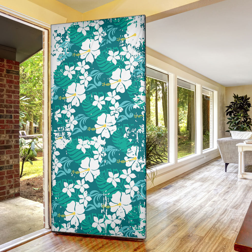 Teal Hawaiian Hibiscus Monstera Door Cover Grunge Stylized LT01 - Polynesian Pride