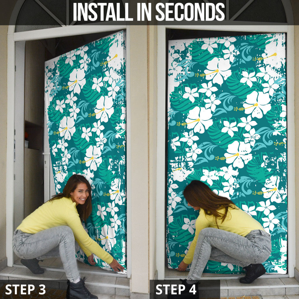 Teal Hawaiian Hibiscus Monstera Door Cover Grunge Stylized LT01 - Polynesian Pride