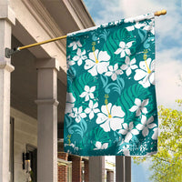 Teal Hawaiian Hibiscus Monstera Garden Flag Grunge Stylized LT01 House Flag Teal - Polynesian Pride