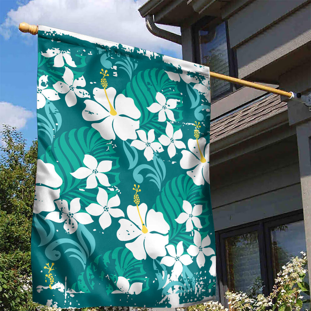 Teal Hawaiian Hibiscus Monstera Garden Flag Grunge Stylized LT01 - Polynesian Pride