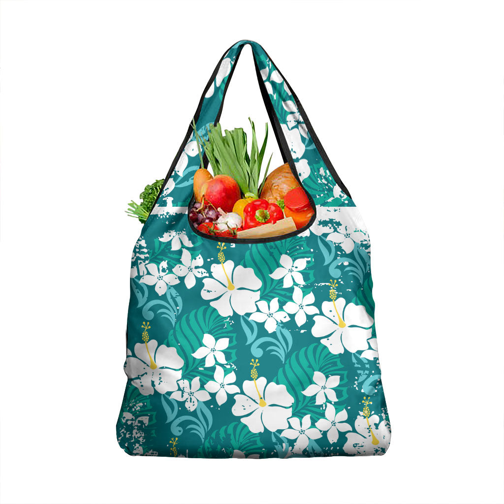 Teal Hawaiian Hibiscus Monstera Grocery Bag Grunge Stylized