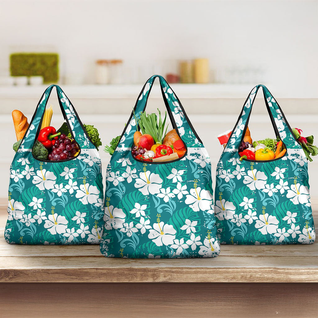 Teal Hawaiian Hibiscus Monstera Grocery Bag Grunge Stylized