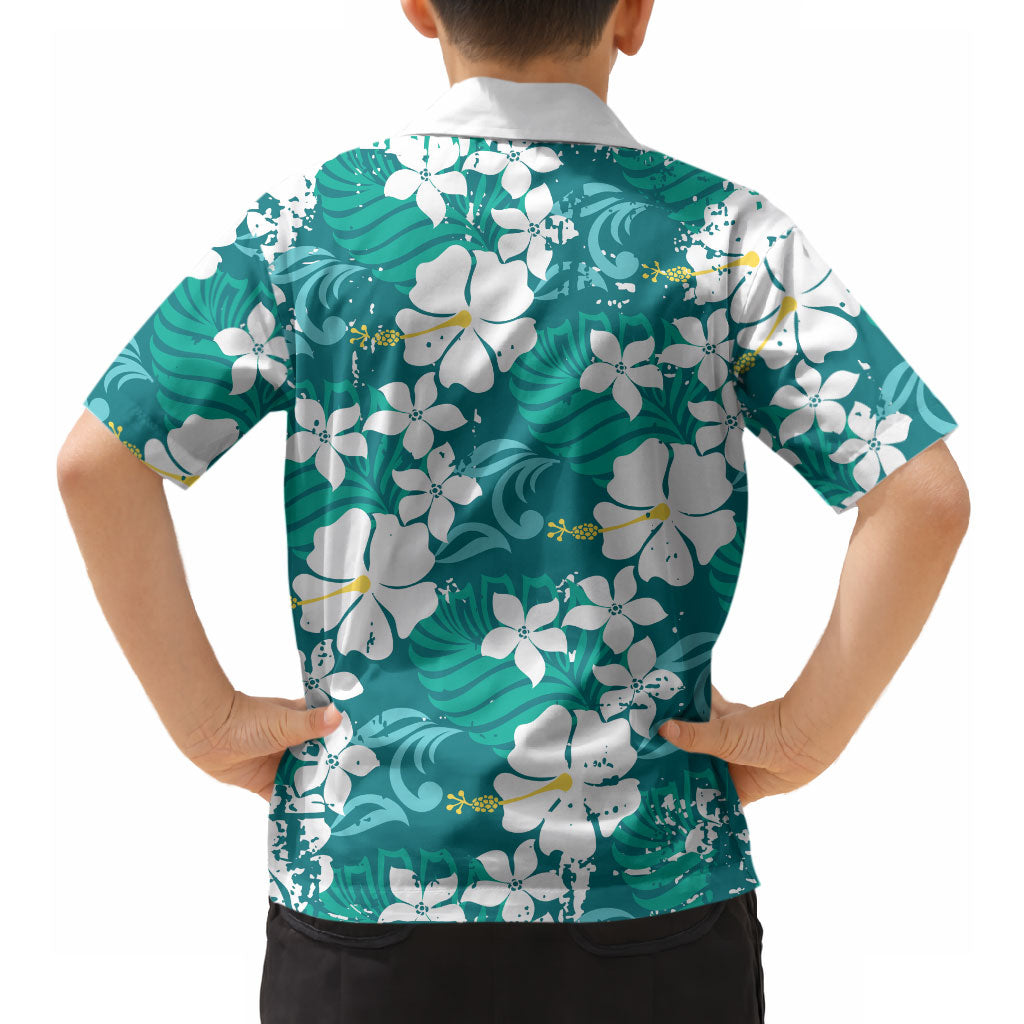 Teal Hawaiian Hibiscus Monstera Hawaiian Shirt Grunge Stylized LT01 - Polynesian Pride