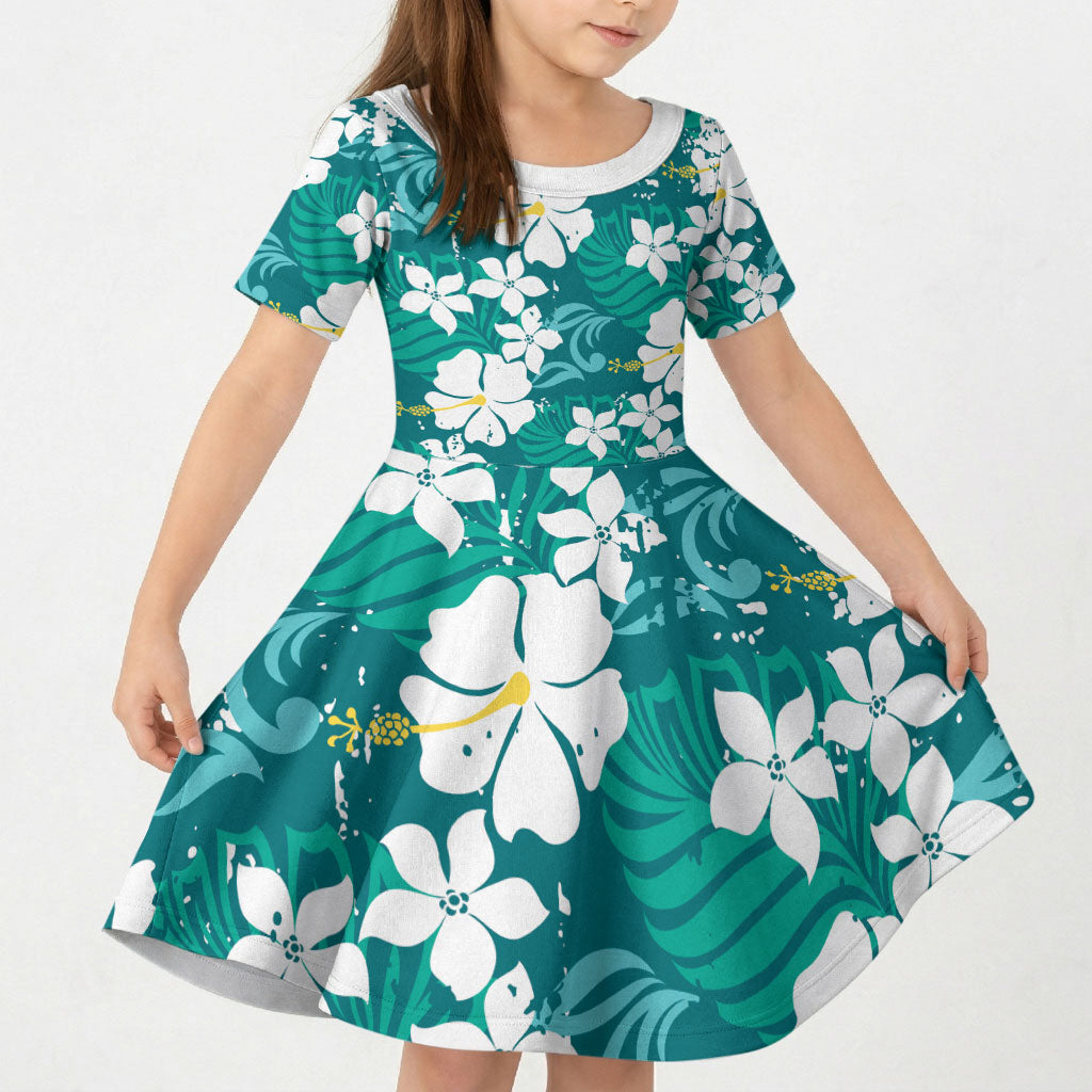 Teal Hawaiian Hibiscus Monstera Kid Short Sleeve Dress Grunge Stylized LT01 KID Teal - Polynesian Pride