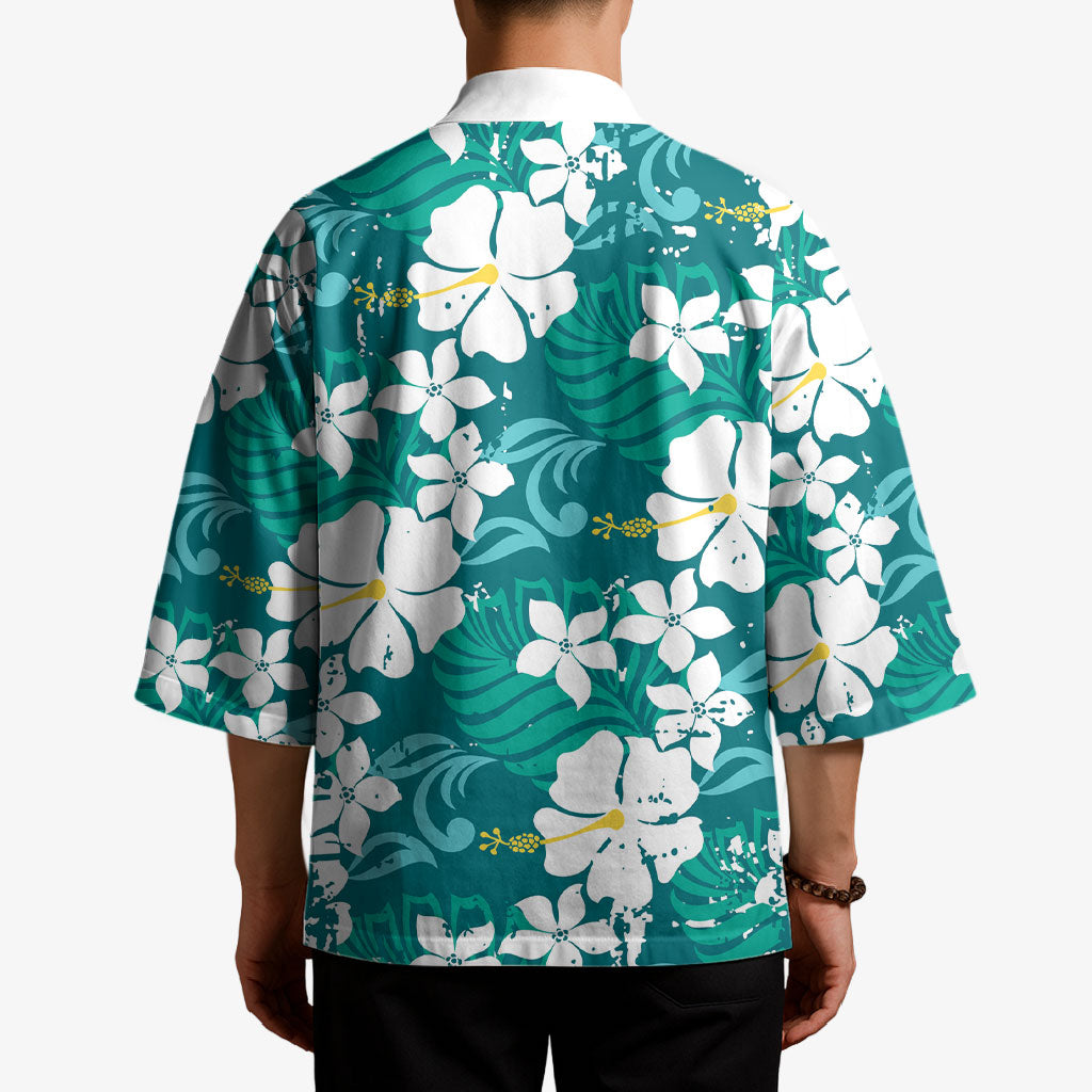 Teal Hawaiian Hibiscus Monstera Kimono Grunge Stylized LT01 - Polynesian Pride