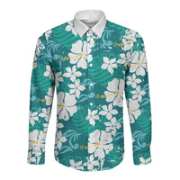Teal Hawaiian Hibiscus Monstera Long Sleeve Button Shirt Grunge Stylized LT01 Unisex Teal - Polynesian Pride