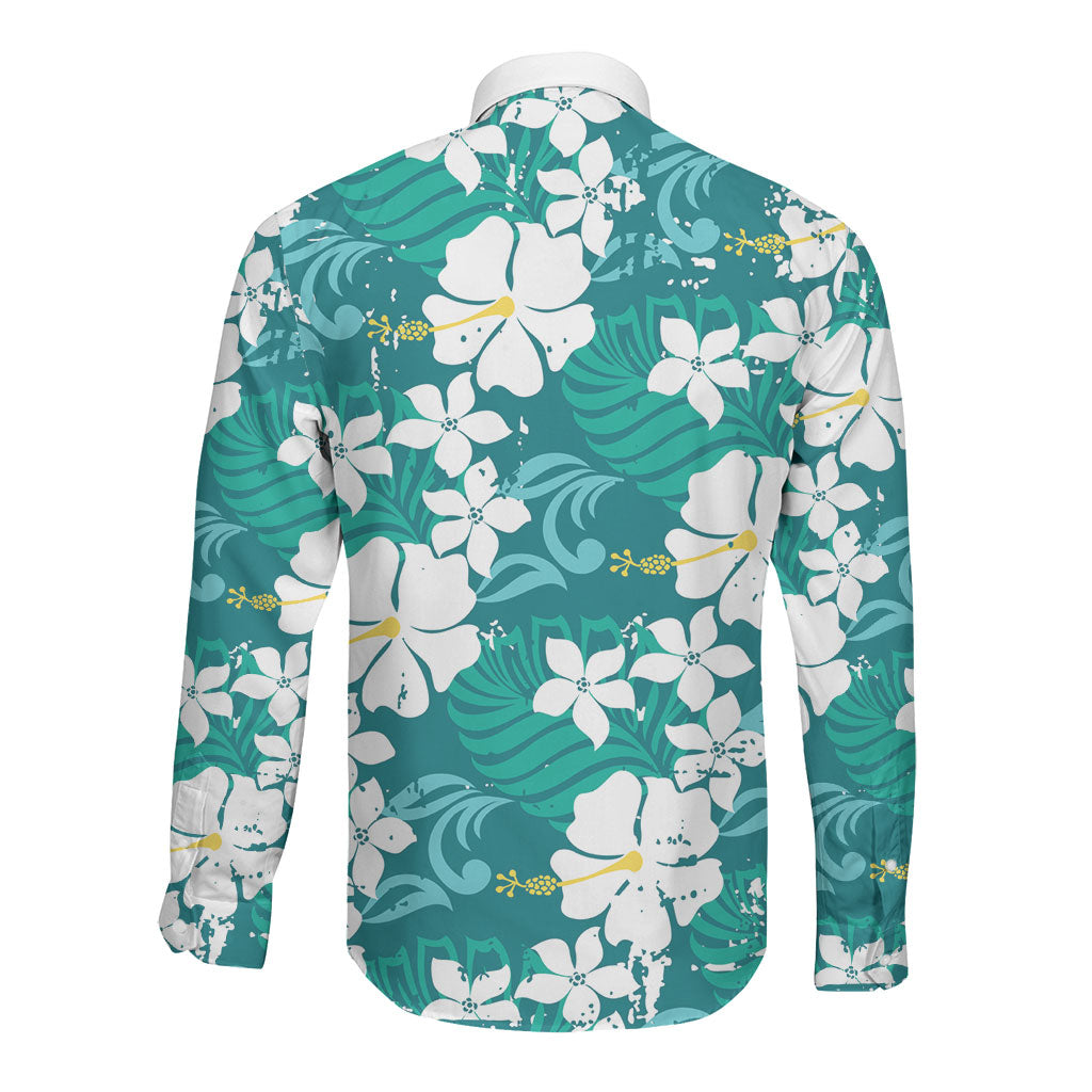 Teal Hawaiian Hibiscus Monstera Long Sleeve Button Shirt Grunge Stylized LT01 - Polynesian Pride