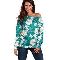 Teal Hawaiian Hibiscus Monstera Off Shoulder Sweater Grunge Stylized LT01 Women Teal - Polynesian Pride