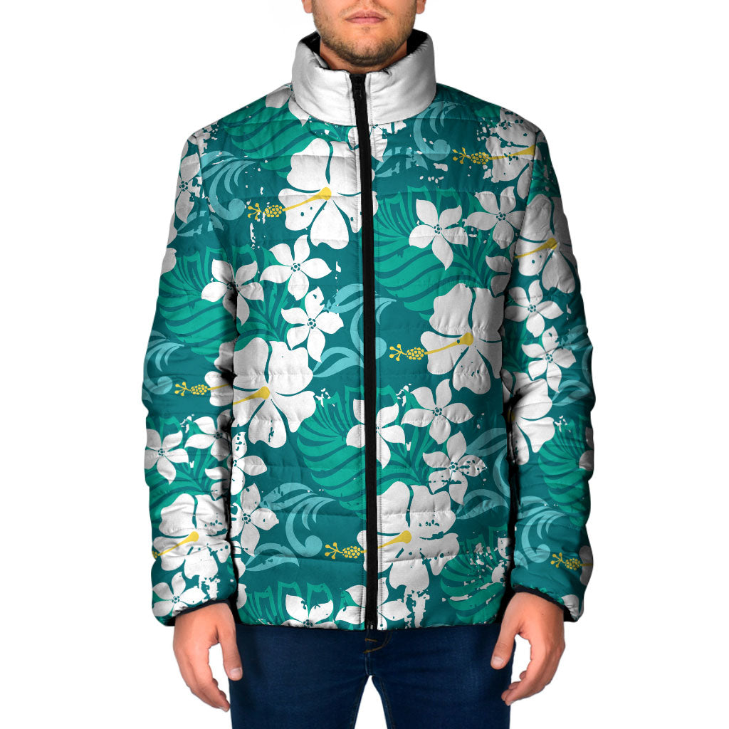 Teal Hawaiian Hibiscus Monstera Padded Jacket Grunge Stylized