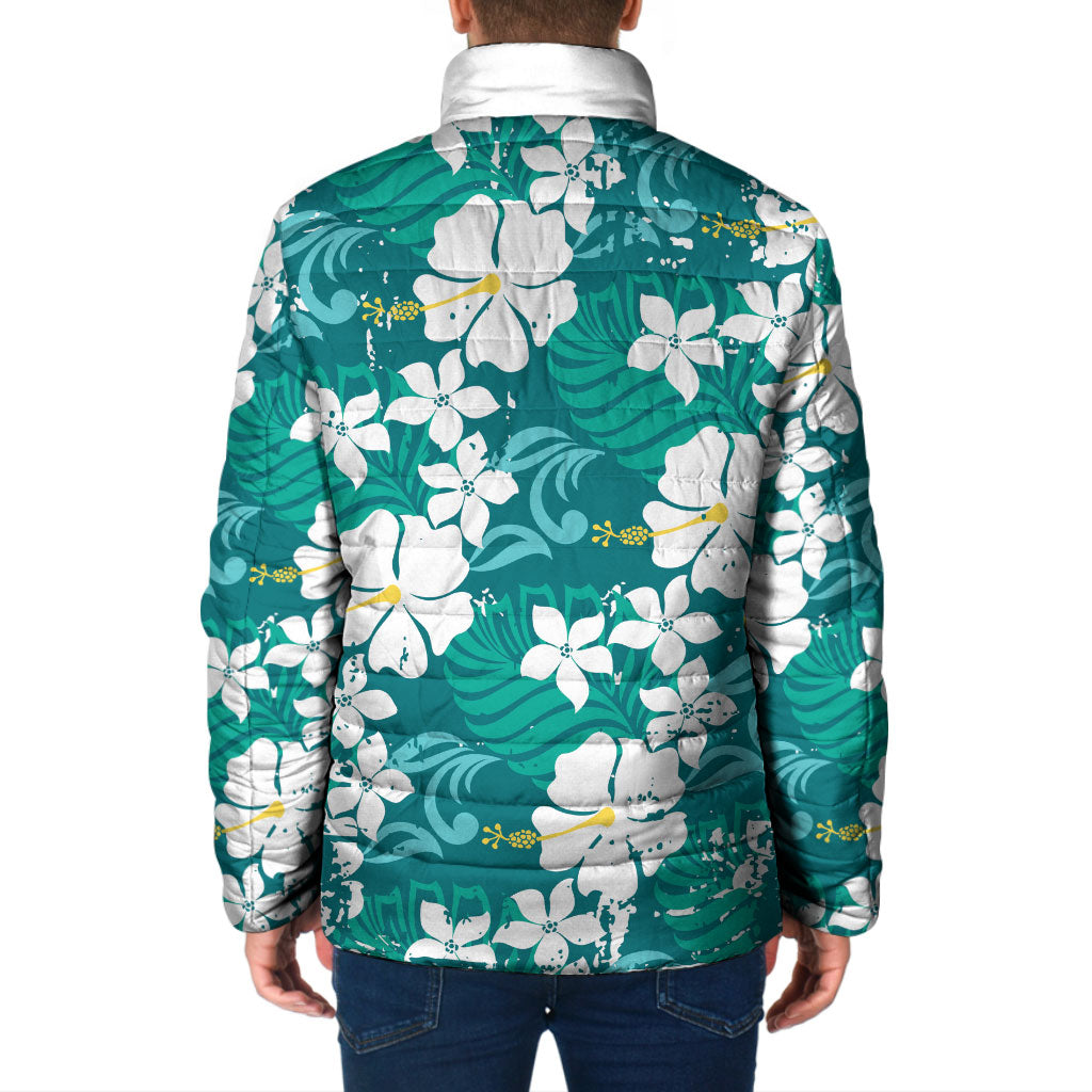 Teal Hawaiian Hibiscus Monstera Padded Jacket Grunge Stylized