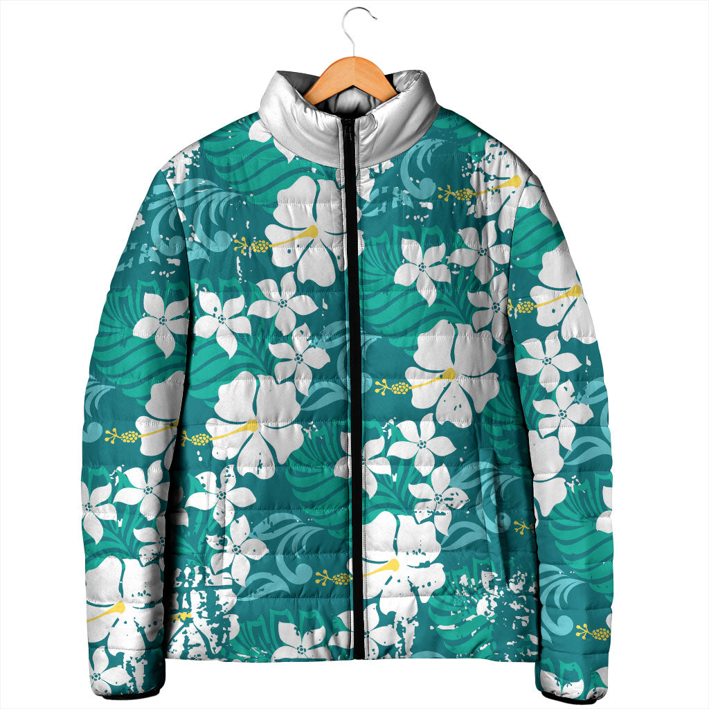 Teal Hawaiian Hibiscus Monstera Padded Jacket Grunge Stylized