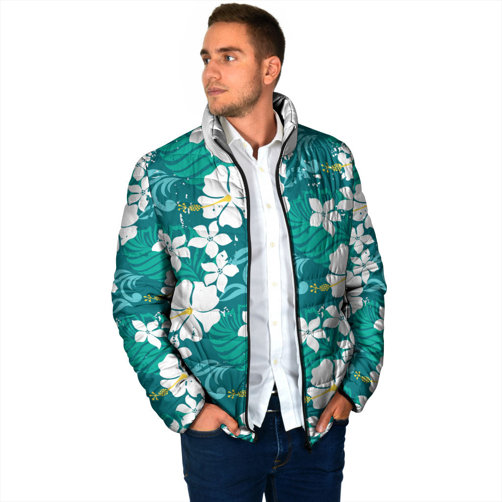 Teal Hawaiian Hibiscus Monstera Padded Jacket Grunge Stylized
