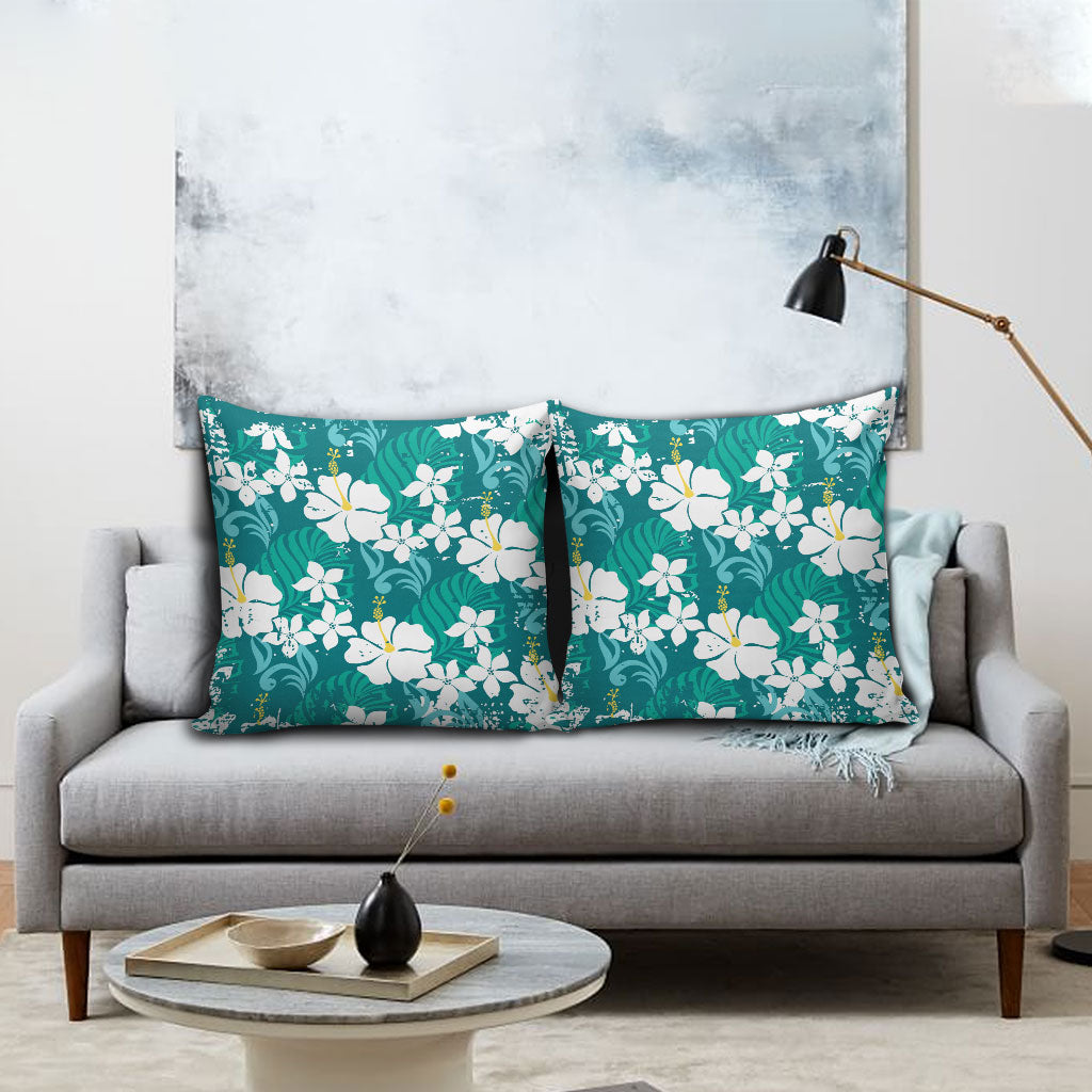 Teal Hawaiian Hibiscus Monstera Pillow Cover Grunge Stylized LT01 - Polynesian Pride