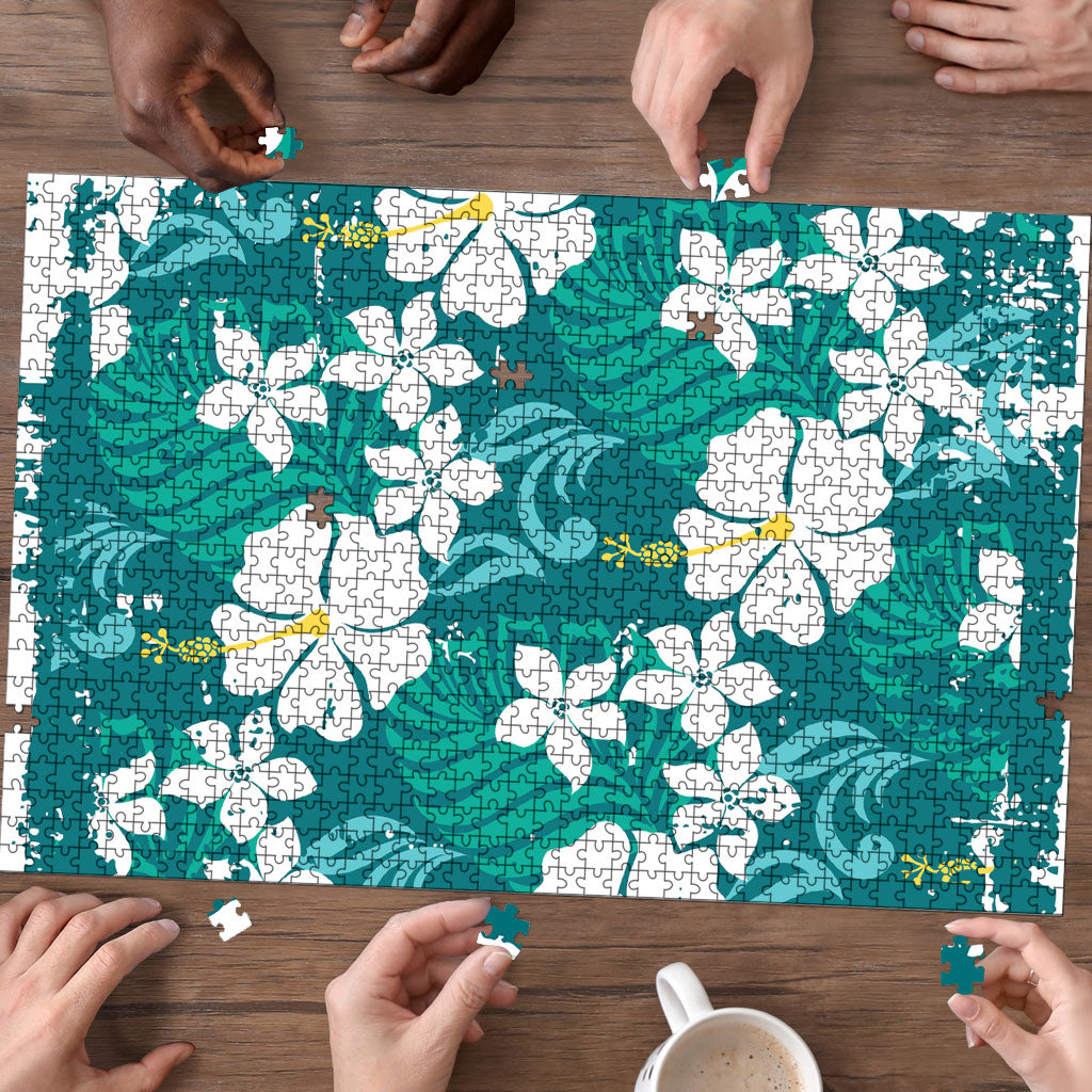 Teal Hawaiian Hibiscus Monstera Puzzle Grunge Stylized LT01 - Polynesian Pride