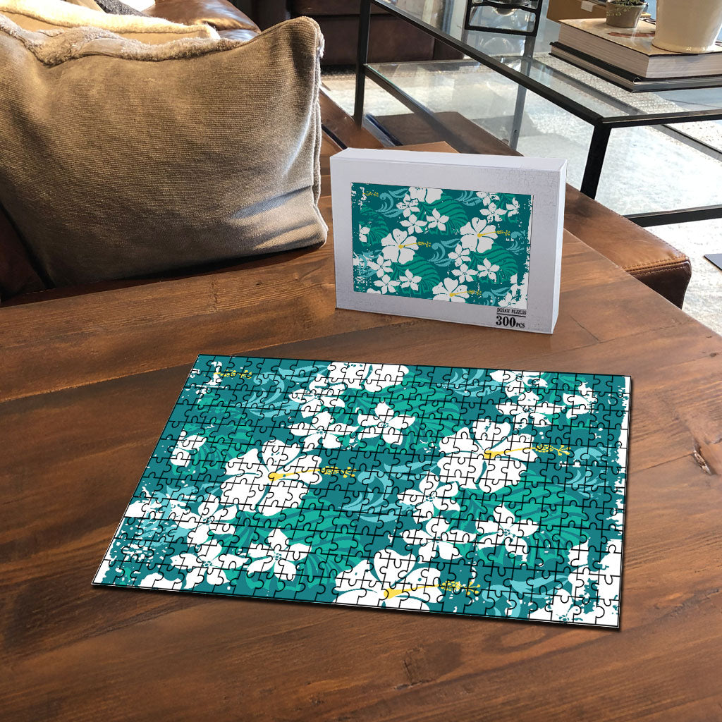 Teal Hawaiian Hibiscus Monstera Puzzle Grunge Stylized LT01 - Polynesian Pride
