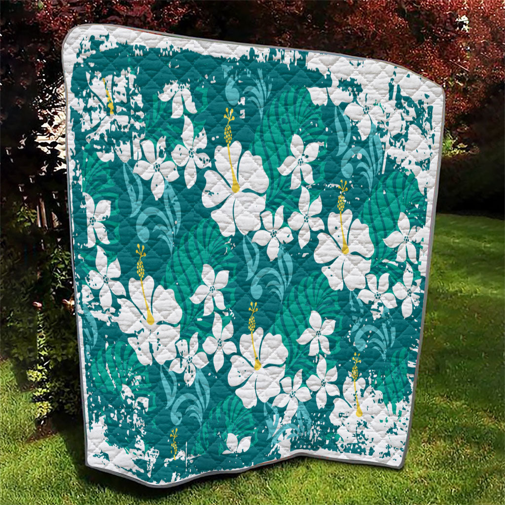 Teal Hawaiian Hibiscus Monstera Quilt Grunge Stylized