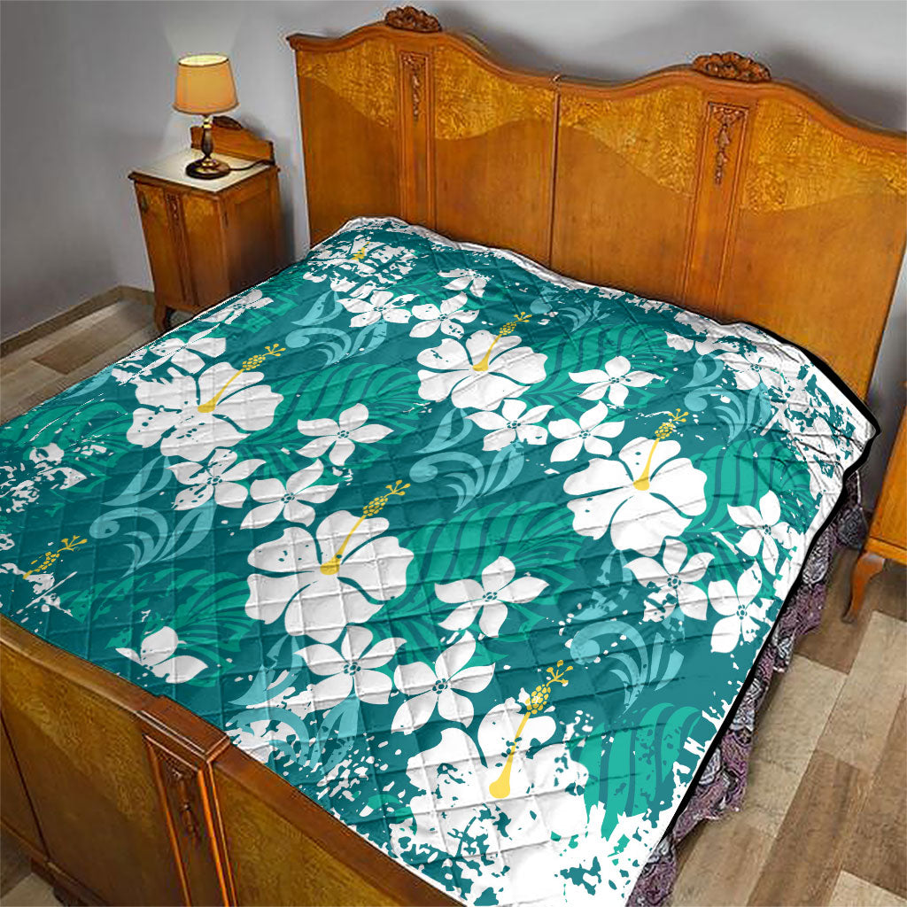 Teal Hawaiian Hibiscus Monstera Quilt Grunge Stylized