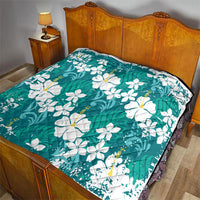 Teal Hawaiian Hibiscus Monstera Quilt Grunge Stylized
