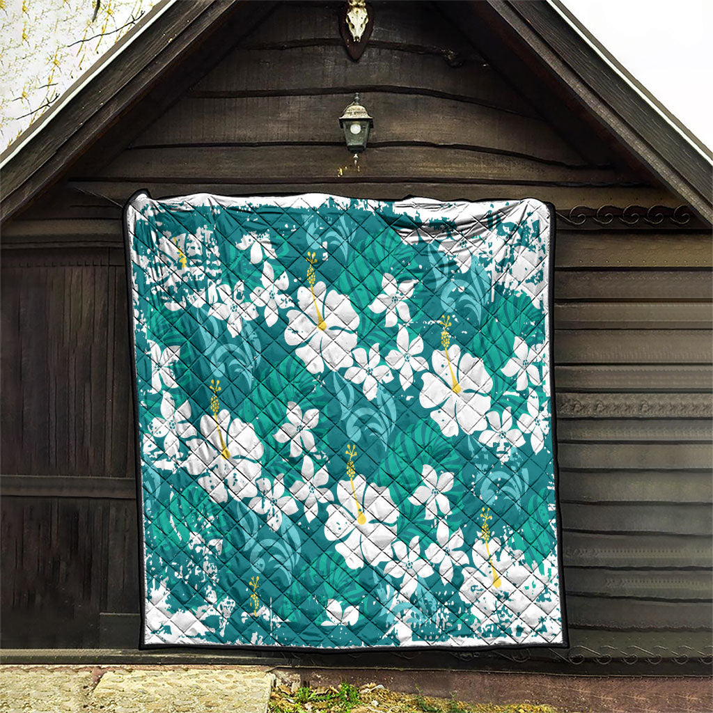 Teal Hawaiian Hibiscus Monstera Quilt Grunge Stylized