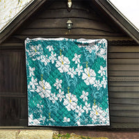 Teal Hawaiian Hibiscus Monstera Quilt Grunge Stylized