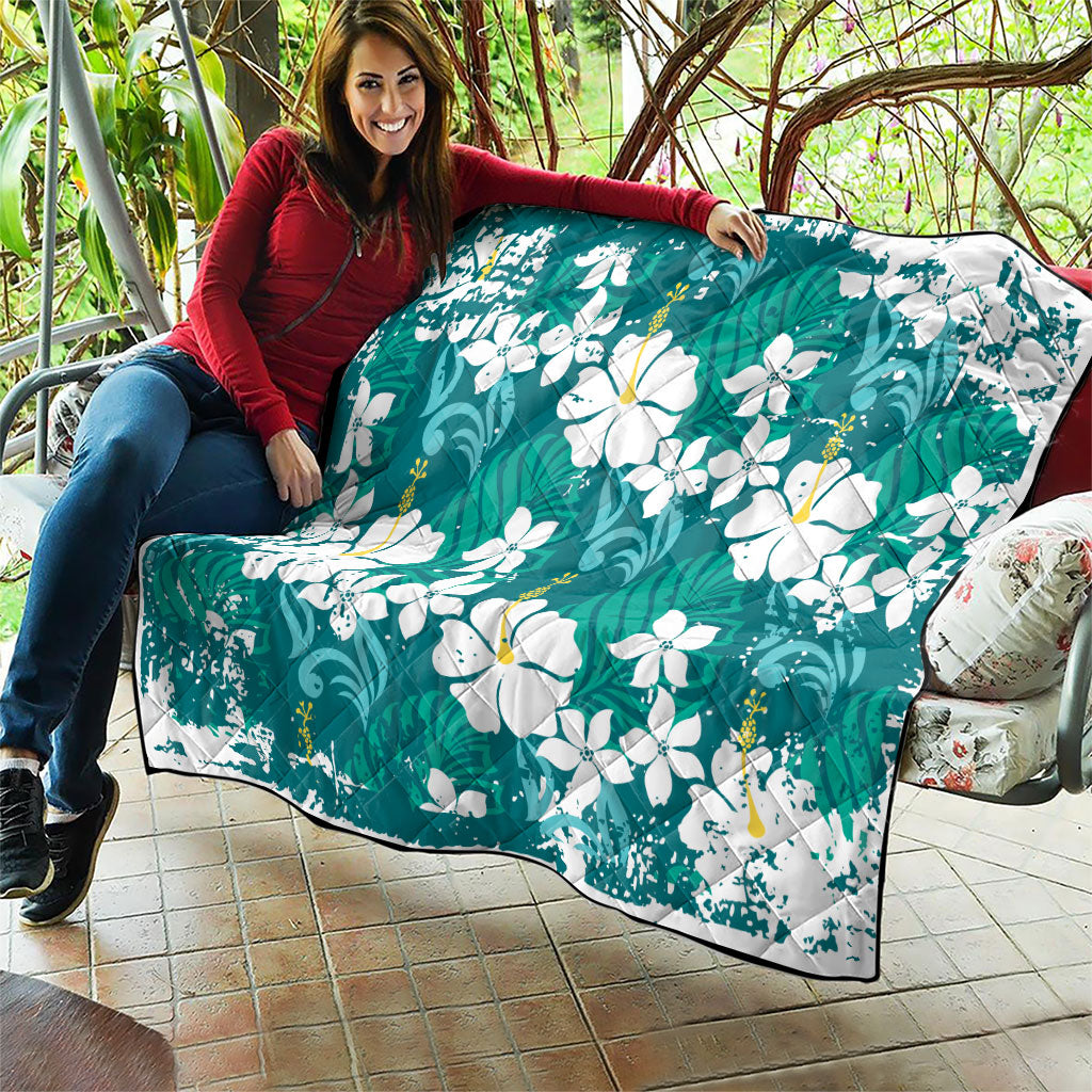 Teal Hawaiian Hibiscus Monstera Quilt Grunge Stylized