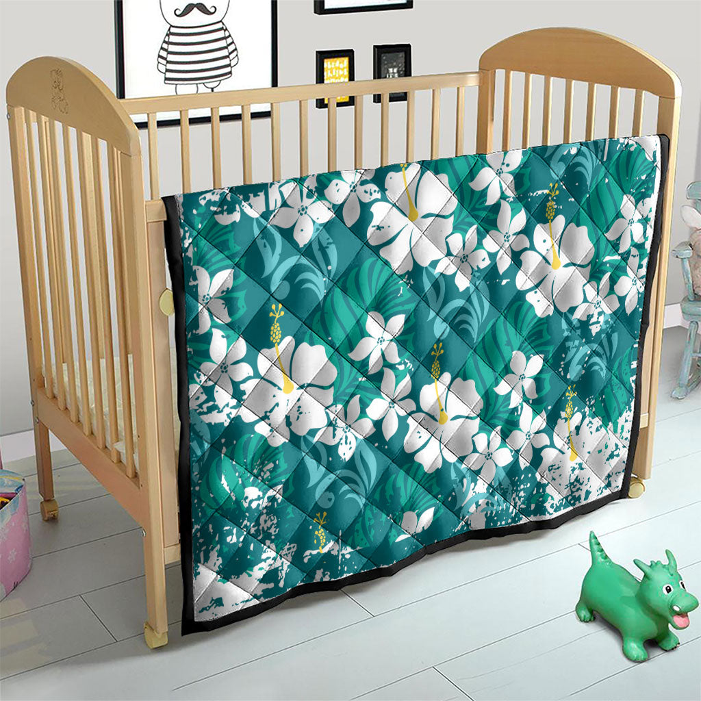 Teal Hawaiian Hibiscus Monstera Quilt Grunge Stylized