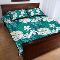 Teal Hawaiian Hibiscus Monstera Quilt Bed Set Grunge Stylized