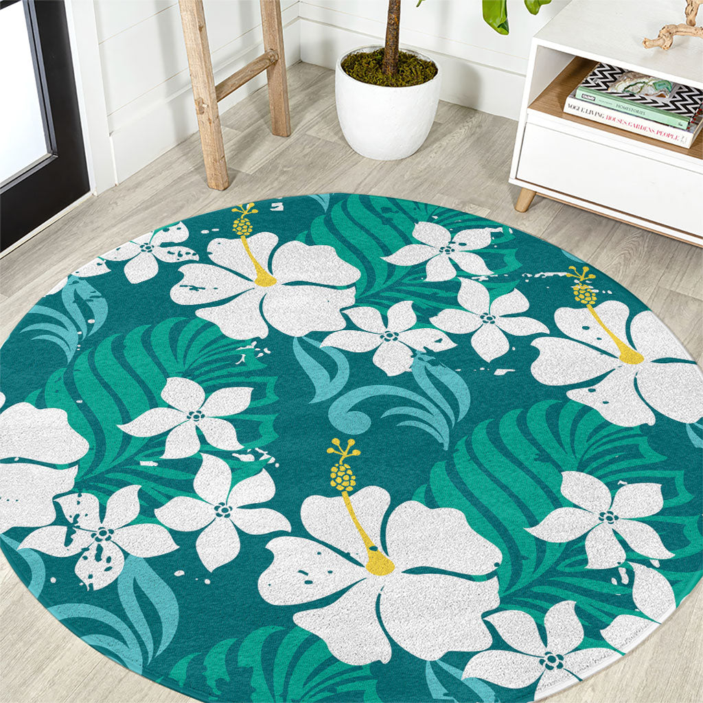 Teal Hawaiian Hibiscus Monstera Round Carpet Grunge Stylized