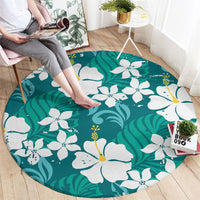 Teal Hawaiian Hibiscus Monstera Round Carpet Grunge Stylized