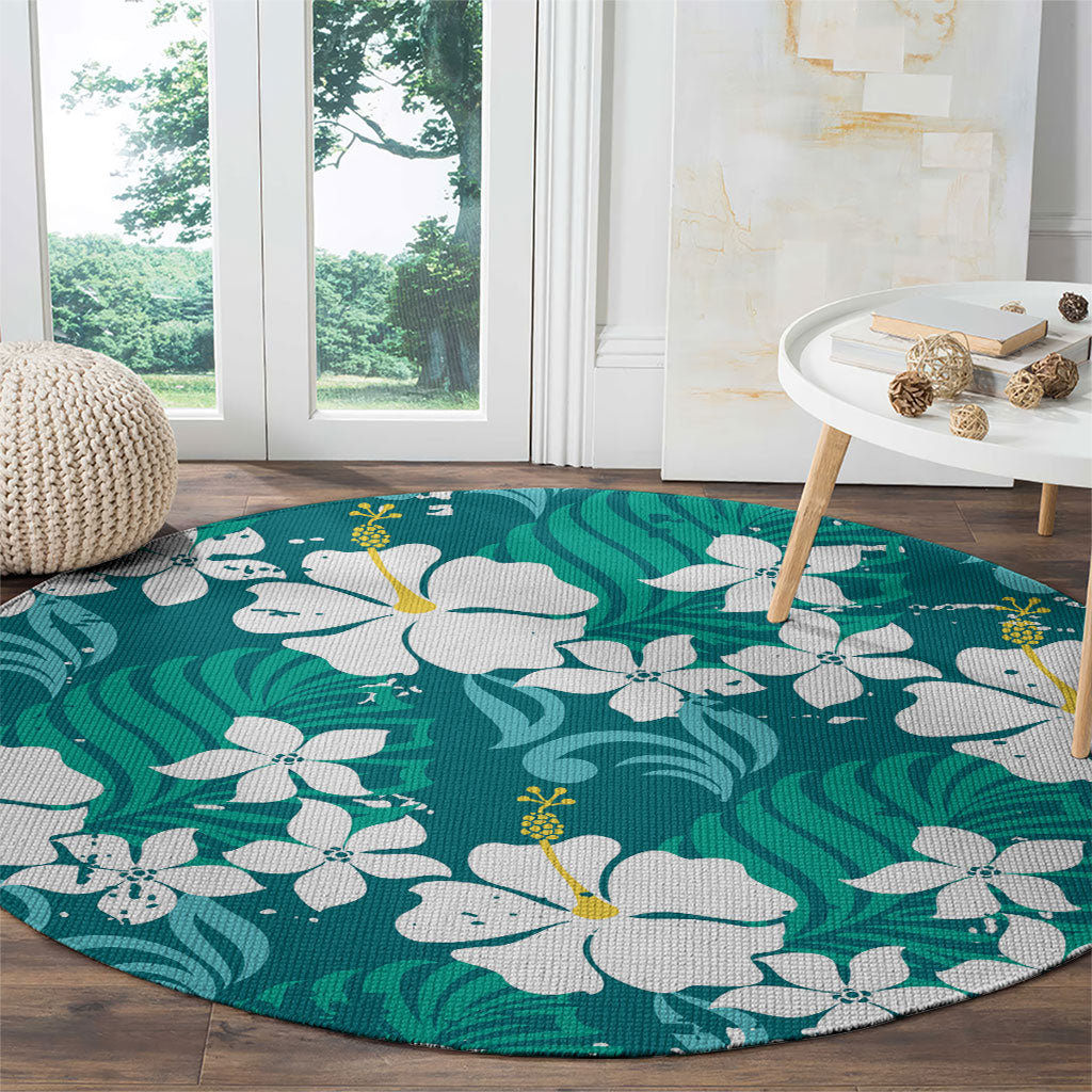 Teal Hawaiian Hibiscus Monstera Round Carpet Grunge Stylized