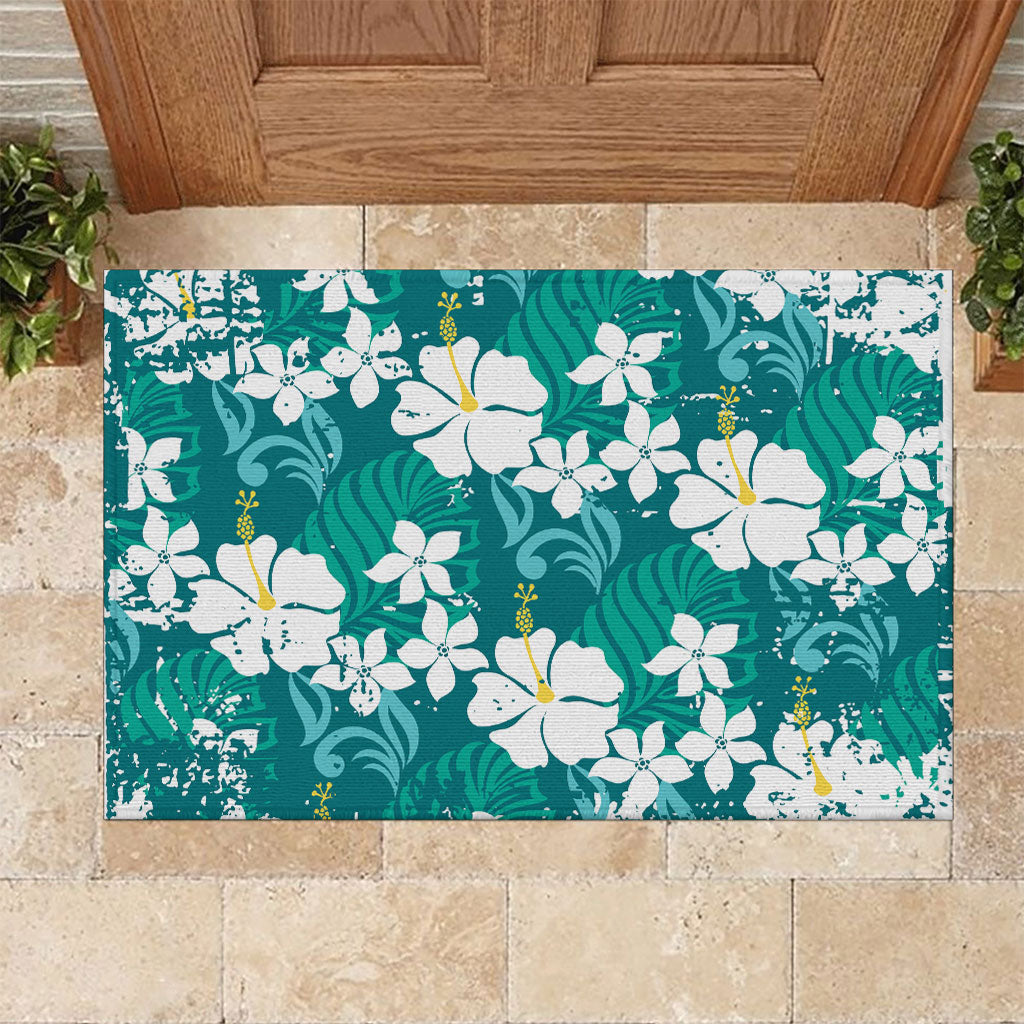Teal Hawaiian Hibiscus Monstera Rubber Doormat Grunge Stylized LT01 Teal - Polynesian Pride