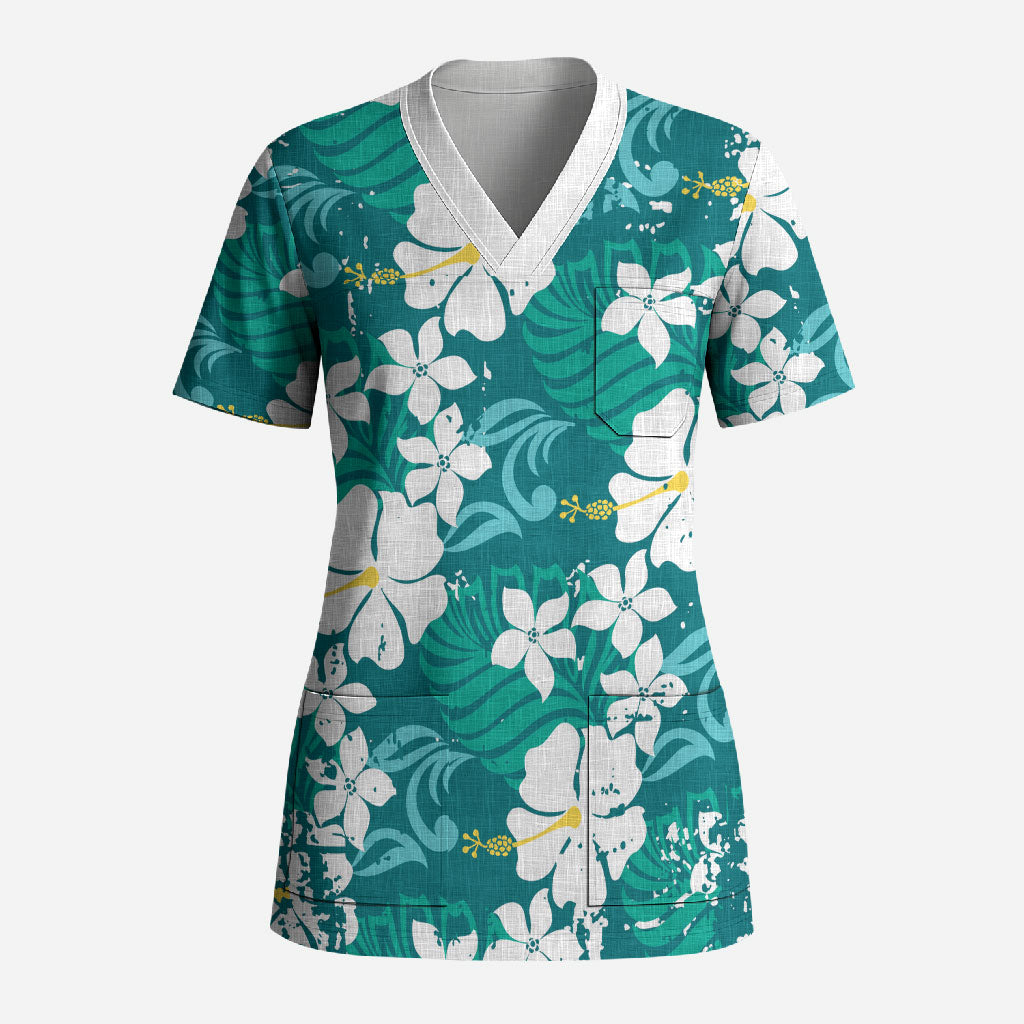 Teal Hawaiian Hibiscus Monstera Scrub Top Grunge Stylized