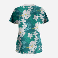 Teal Hawaiian Hibiscus Monstera Scrub Top Grunge Stylized