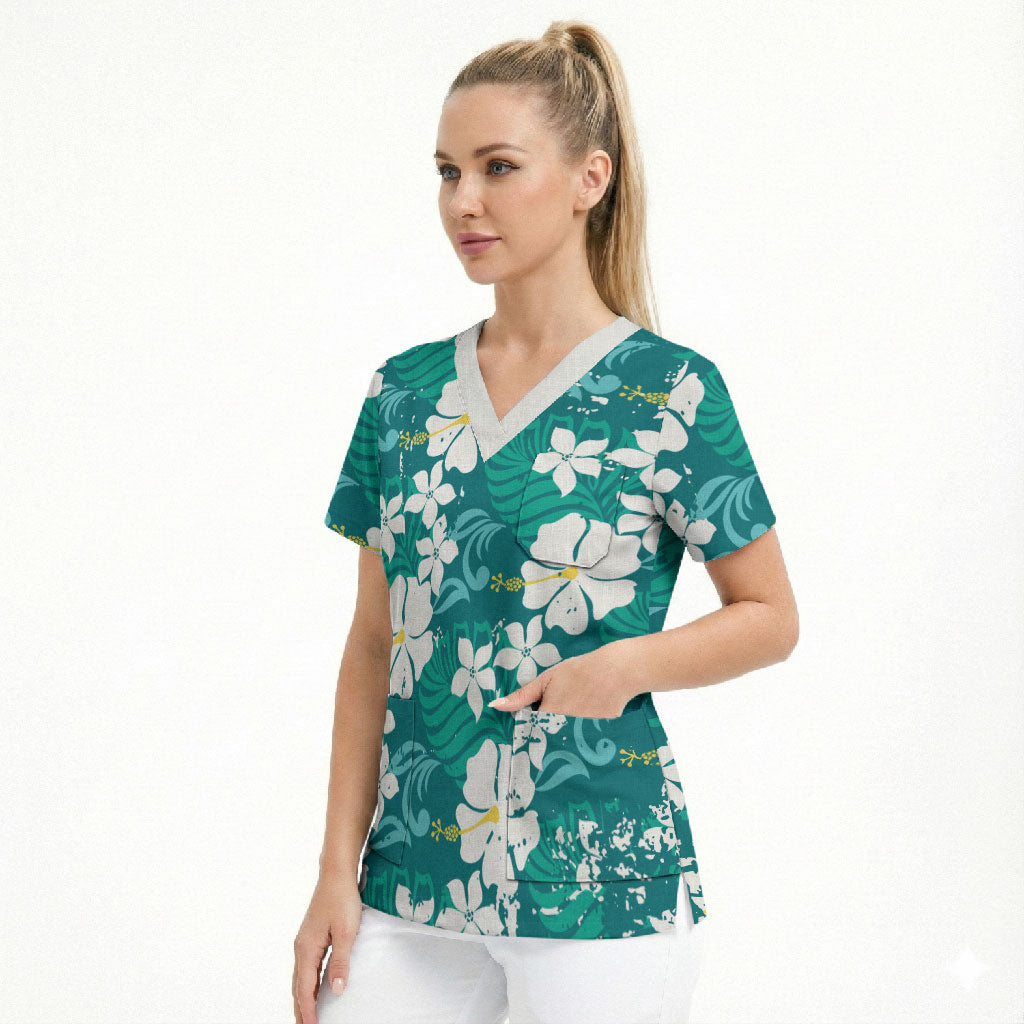 Teal Hawaiian Hibiscus Monstera Scrub Top Grunge Stylized